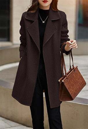 Kaşe Kadın Şık Yaka Kaban ve Kemer