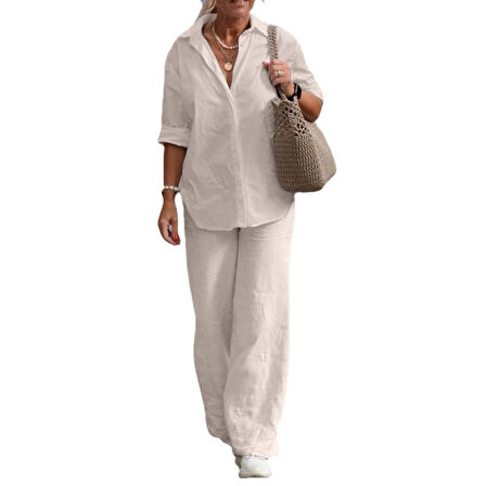 Keten Ekru Rahat ve Günlük İkili Takım Alt Üst