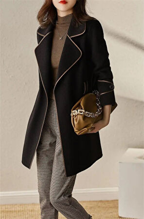 Kaşe Kadın Şık Yaka Kemerli Kaban