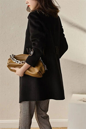 Kaşe Kadın Şık Yaka Kemerli Kaban