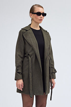 Kaşe Kadın Şık Tasarım Yaka Kaban ve Kemer