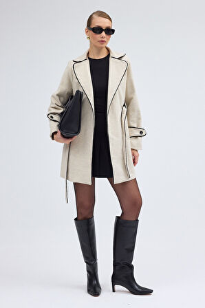 Kaşe Kadın Şık Yaka Kaban ve Kemer