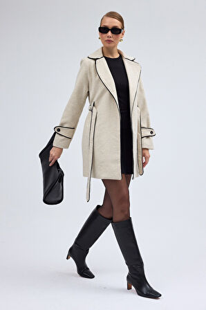 Kaşe Kadın Şık Yaka Kaban ve Kemer