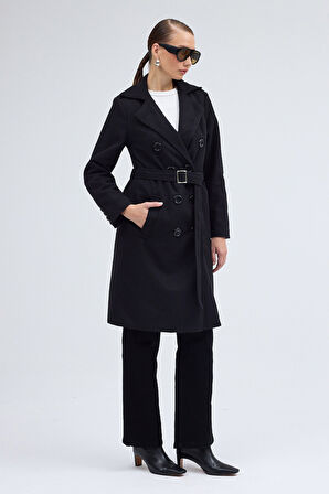 Aksesuarlı Kaşe Kaban Kemer Detaylı