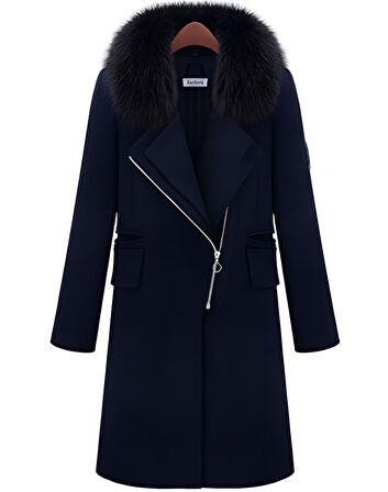 Çıkarılabilir Kürk Yaka Lacivert Kaşe Kaban