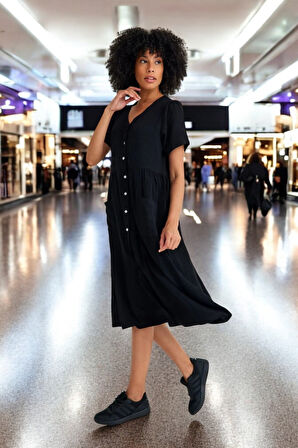 Beli Büzgülü V Yaka Keten Siyah Elbise