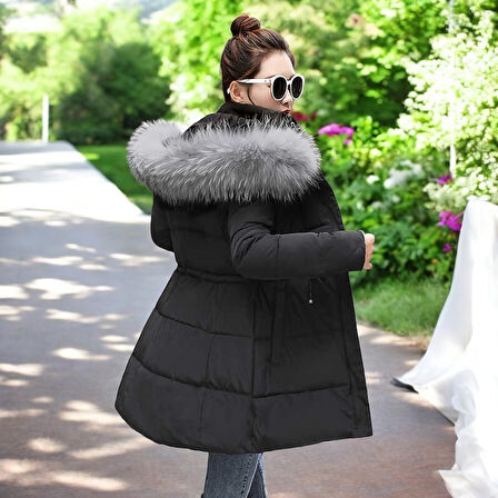 Orta Boy Kürklü Kapüşonlu Su Geçirmez Kadın Siyah Mont