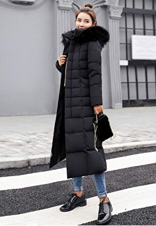Kışlık Tam Boy Kapüşonlu Günlük Kadın Şişme Mont