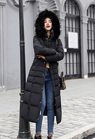 Kışlık Tam Boy Kapüşonlu Günlük Kadın Şişme Mont