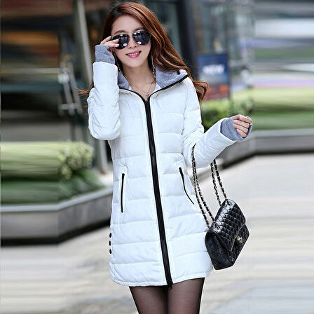 Kışlık Kapüşonlu Kadın Uzun Şişme Mont