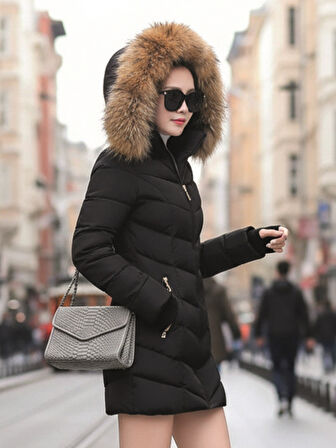 Kışlık Eldivenli Kapüşonu Kürklü Kadın Şişme Mont