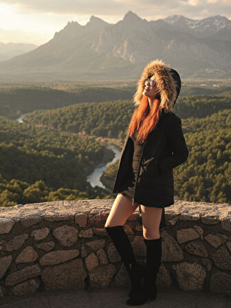 Kışlık Eldivenli Kapüşonu Kürklü Kadın Şişme Mont