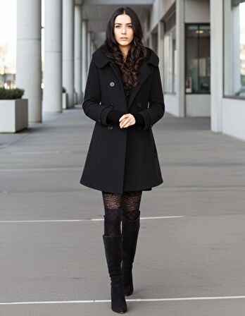 Büyük Düğmeli Yaka Detaylı Siyah Kaşe Kaban