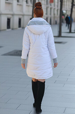 Kadın Kışlık Kapüşonlu Eldivenli Uzun Beyaz Şişme Mont