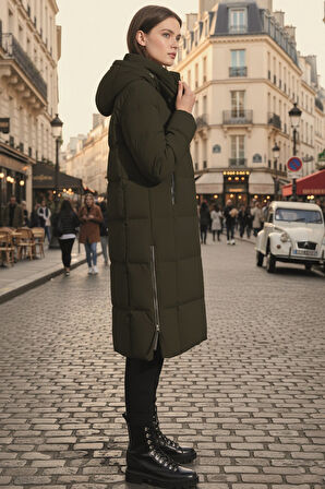 Kadın Uzun Kışlık İçi Elyaflı Astarlı Yan Fermuar Detaylı Şişme Mont