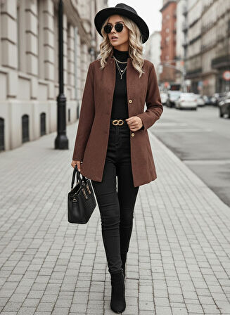 Şık Kahverengi Tasarım Yaka Kaşe Kaban