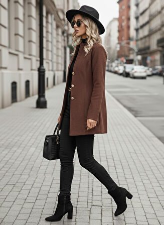 Şık Kahverengi Tasarım Yaka Kaşe Kaban