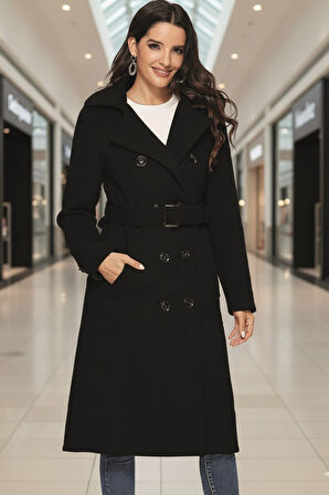 Aksesuarlı Kaşe Kaban Kemer Detaylı