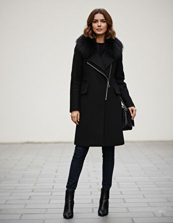 Kadın Kaşe Kışlık Kürklü Siyah Kaban