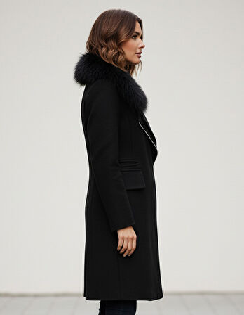 Kadın Kaşe Kışlık Kürklü Siyah Kaban