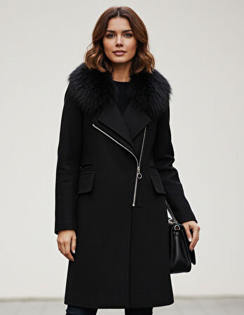 Kadın Kürklü Kaşe Kışlık Siyah Kaban