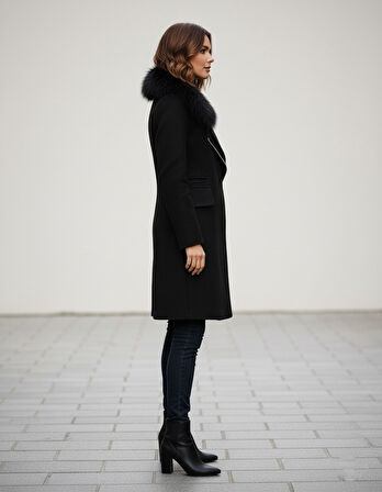 Kadın Kürklü Kaşe Kışlık Siyah Kaban