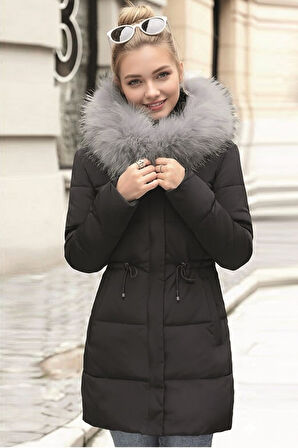 Kışlık Orta Boy Kürklü Kapüşonlu Su Geçirmez Kadın Şişme Mont