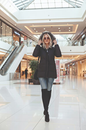 Kışlık Yaka Kürklü Uzun Kadın Şişme Mont