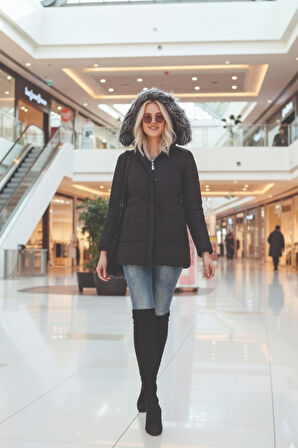 Kışlık Yaka Kürklü Uzun Kadın Şişme Mont