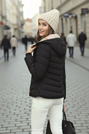 Kışlık Kapüşonlu Kadın Şişme Mont