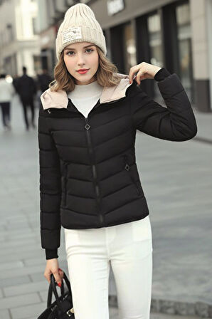 Kışlık Kapüşonlu Kadın Şişme Mont