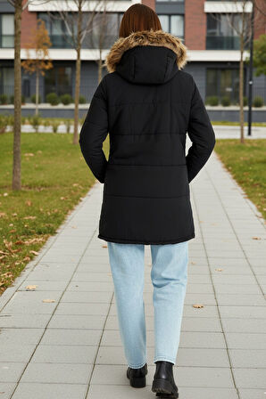 Kışlık Tasarım Suni Kürk Yaka Siyah Kadın Mont