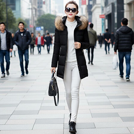 Suni Kürk Yaka Orta Boy Kışlık Kadın Siyah Mont