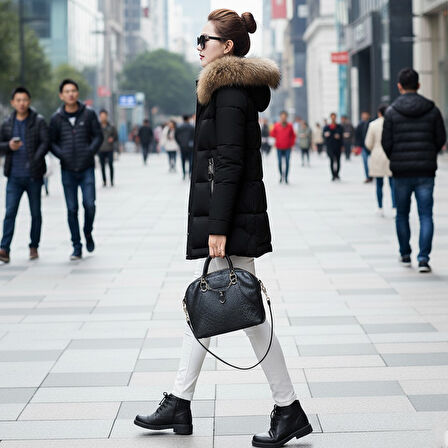 Suni Kürk Yaka Orta Boy Kışlık Kadın Siyah Mont