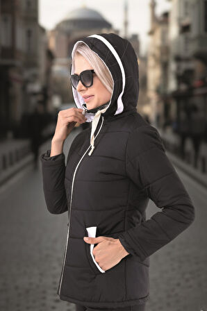 Kapüşonlu Kışlık Kadın Şişme Kısa Mont