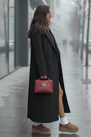 Balık Sırtı Desenli Kışlık Astarlı Kadın Kaşmir Uzun Kaban