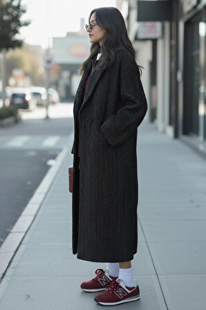 Balık Sırtı Detaylı Astarlı Kışlık Kadın Kaşmir Uzun Kaban