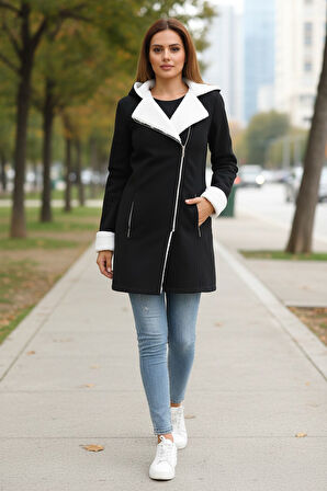 Kışlık Günlük Siyah Kaşe Kadın Kaban