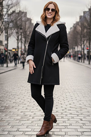 Kadın Günlük Siyah Kaşe Kışlık Kaban