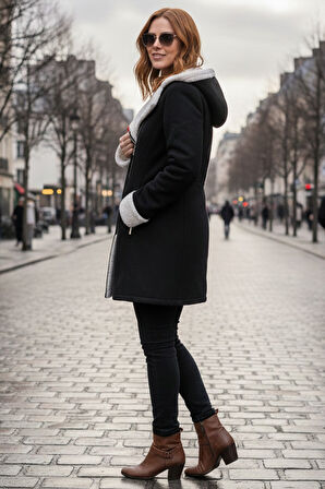 Kadın Günlük Siyah Kaşe Kışlık Kaban