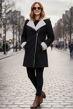 Günlük Kadın Siyah Kaşe Kışlık Kaban