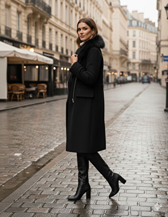 Kadın Kürklü Kaşe Kışlık Siyah Kaban