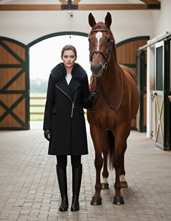 Kadın Siyah Kürklü Kaşe Kışlık Kaban