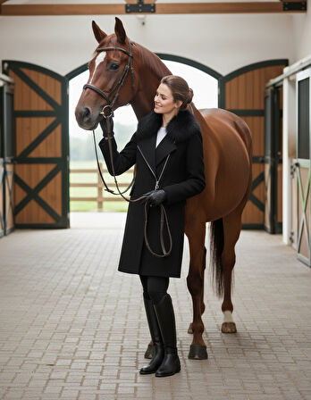 Kadın Siyah Kürklü Kaşe Kışlık Kaban