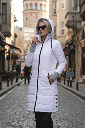 Kışlık Kapüşonlu Kadın Uzun Şişme Mont