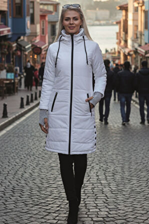 Kışlık Kapüşonlu Kadın Uzun Şişme Mont