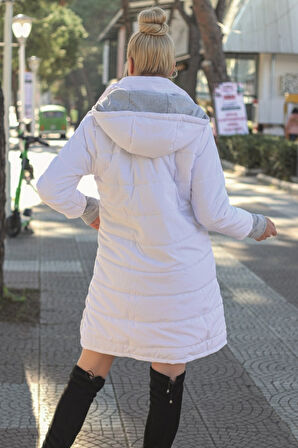 Kışlık Kapüşonlu Kadın Uzun Şişme Mont