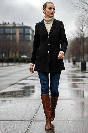 Tasarım Yaka Şık Üç Düğme Kaşe Siyah Kaban