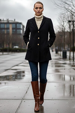 Tasarım Yaka Şık Üç Düğme Kaşe Siyah Kaban