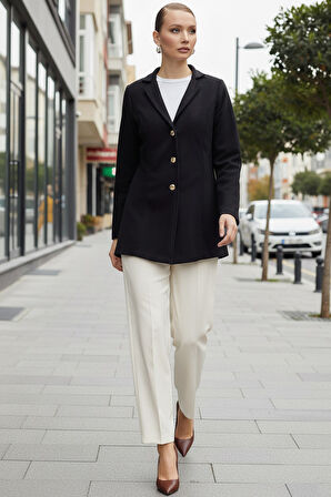 Üç Düğme Tasarım Yaka Kaşe Şık Siyah Kaban